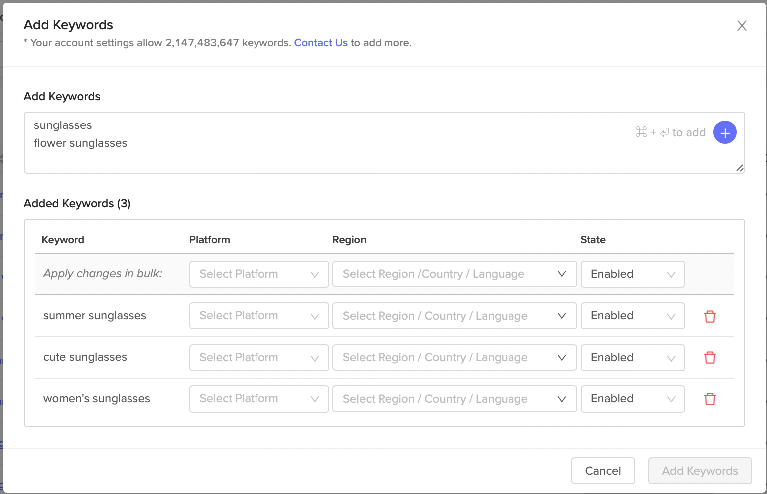 Add new Keyword modal with a text field for entering keywords one per line.