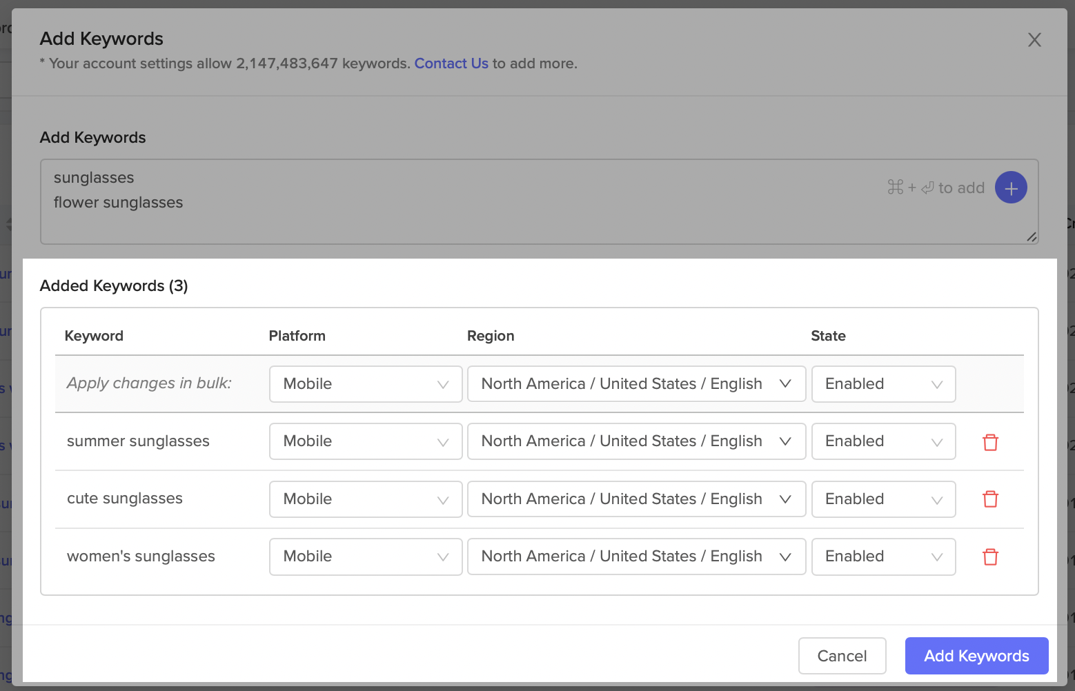 Configuring Platform, Region, and State for keywords being added to the tracking list.