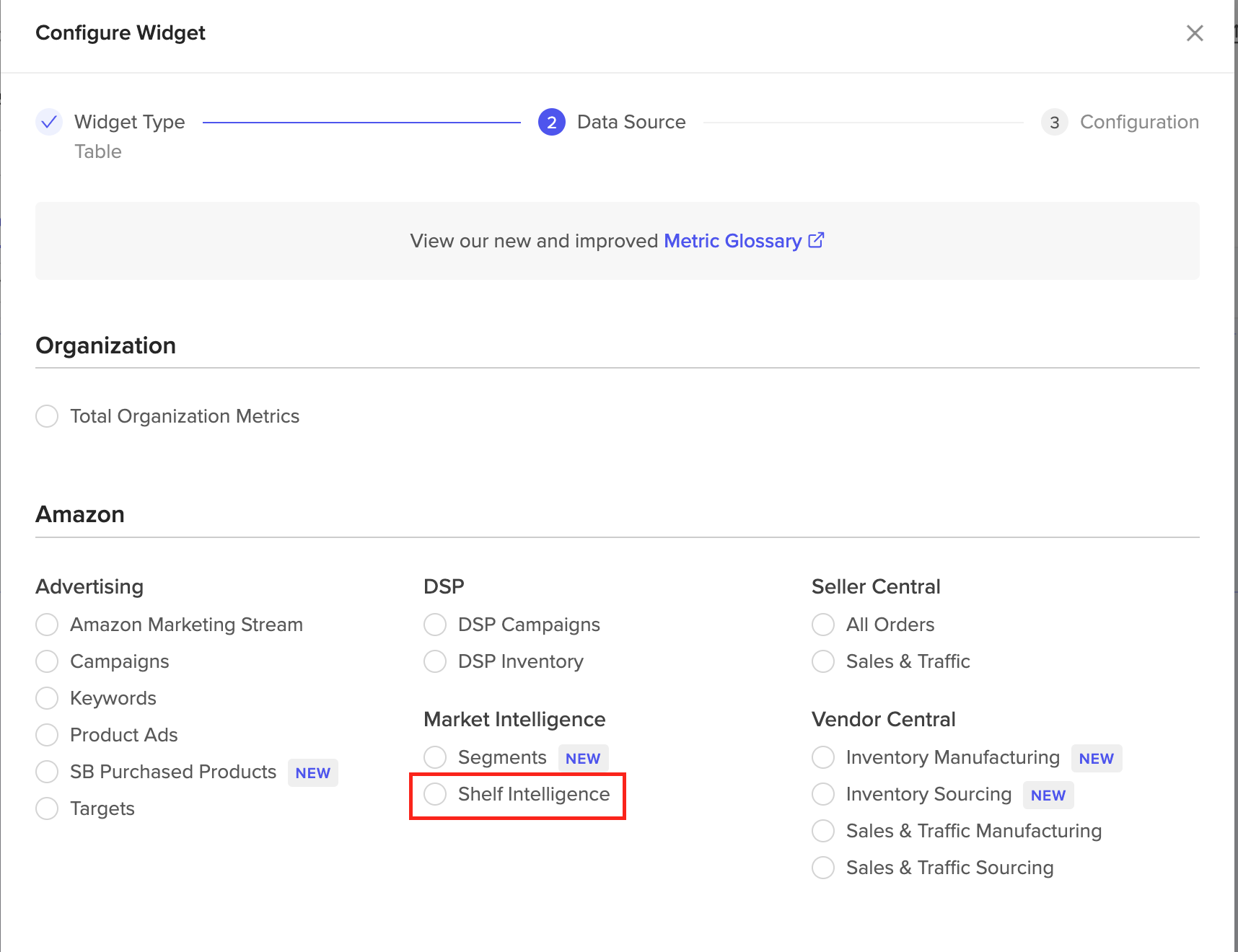 Selecting Shelf Intelligence as a widget data source in Dashboards.