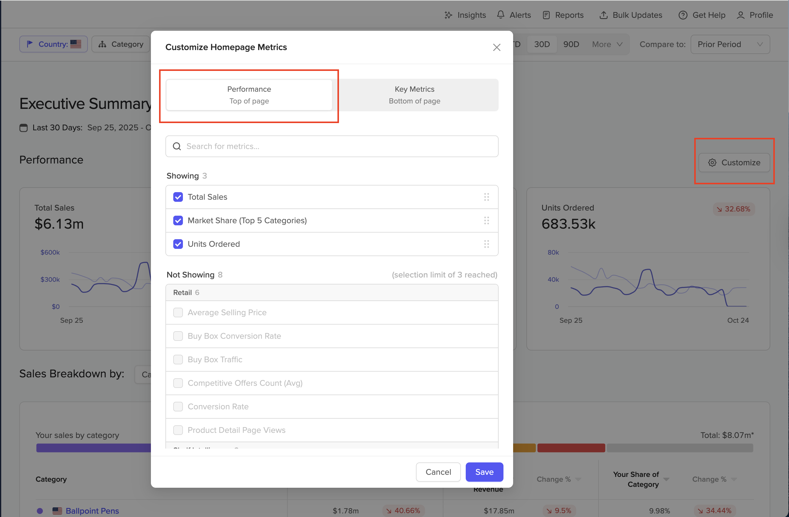 Customize Performance section modal
