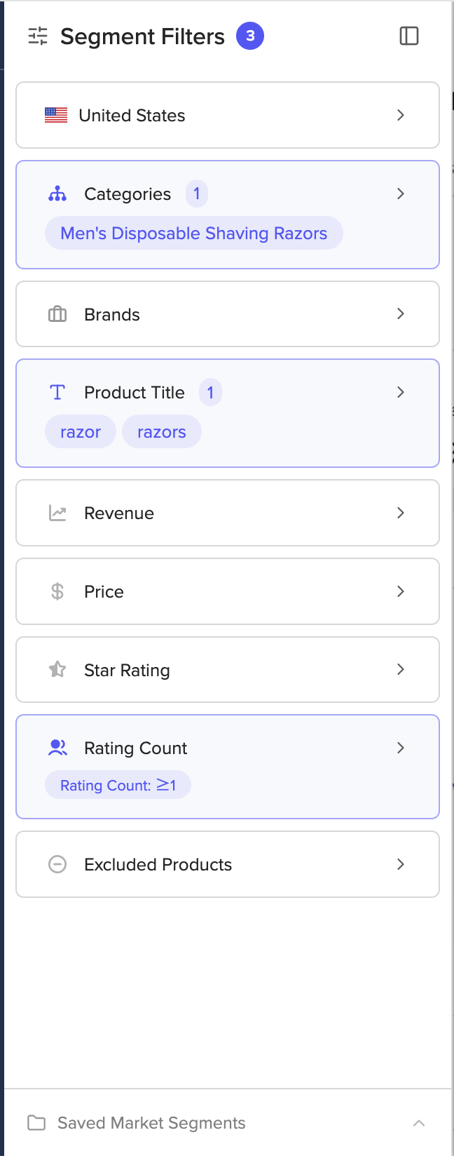 Market Analysis filter panel showing category, brand, product title, revenue, price, star rating, and rating count filters.
