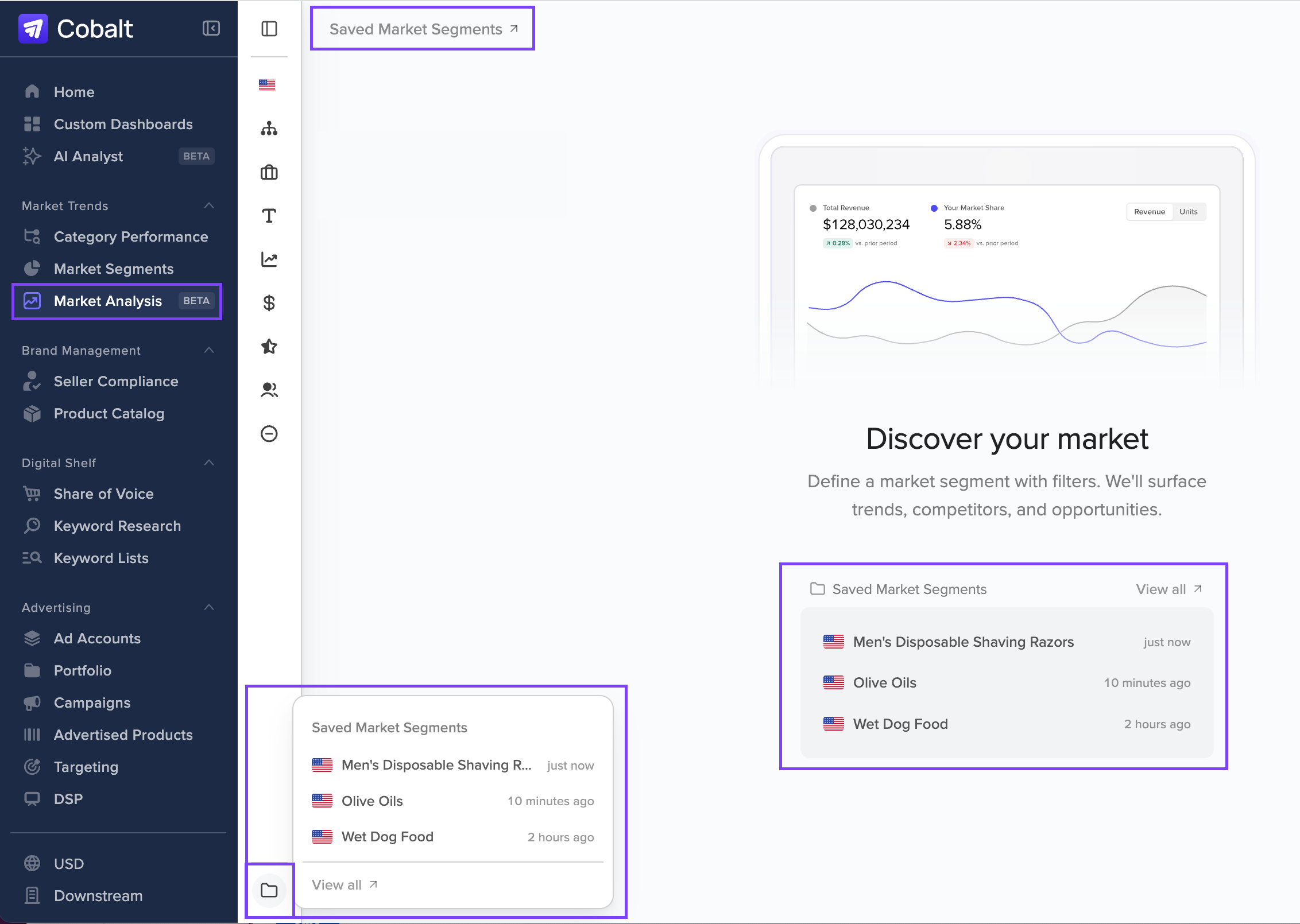 Market Analysis landing page showing the Saved Market Segments link at the top left, a recent segments card with a View all link, and the folder icon at the bottom left.