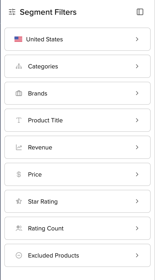 Expanded filter panel showing all available filters: marketplace selector at the top, then Categories, Brands, Product Title, Revenue, Price, Star Rating, Rating Count, and Excluded Products.