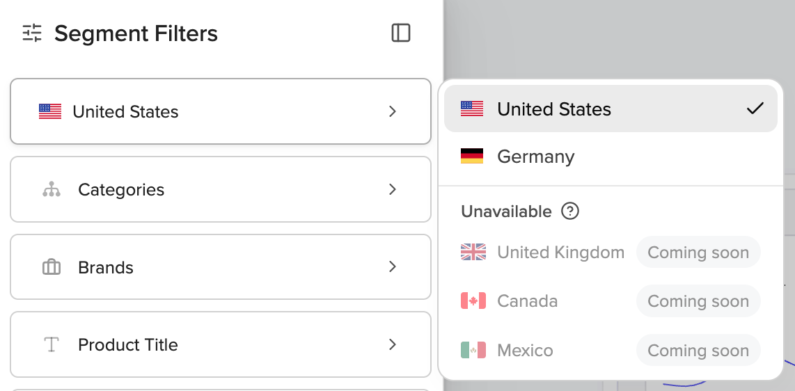 Marketplace selector at the top of the filter panel showing United States selected.