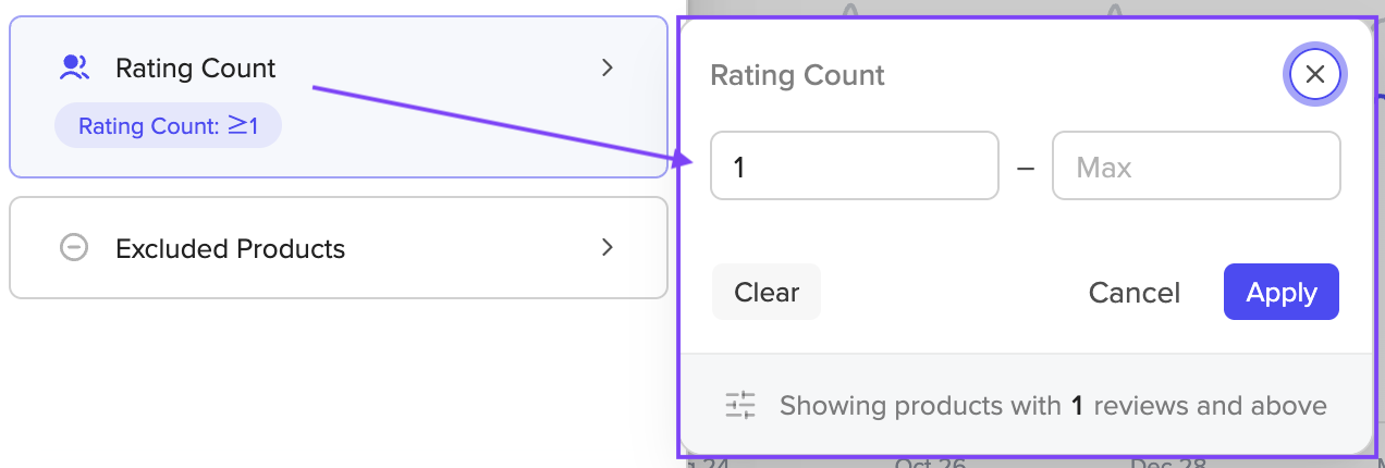 Rating Count filter with the minimum set to 1 and the Apply button visible.