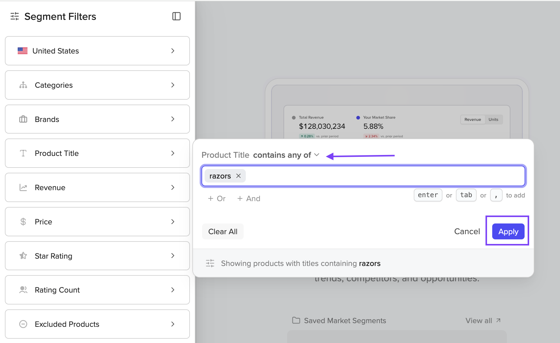 Product Title filter expanded with razor entered as a chip, the contains any of operator visible, and the Apply button in the bottom right.